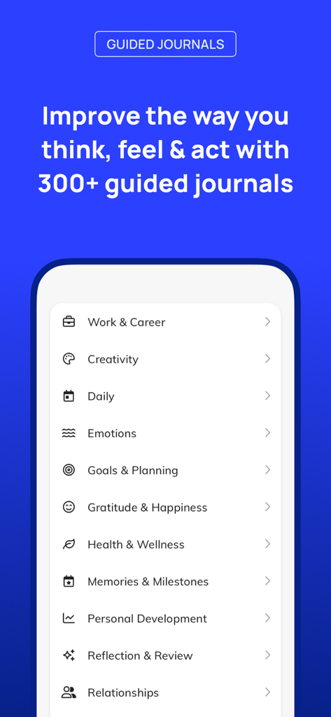 Clearful - Journal & Diary - A mobile screen from the Clearful app showing a list of over 300 guided journal categories including Work and Career, Creativity, and Personal Development.