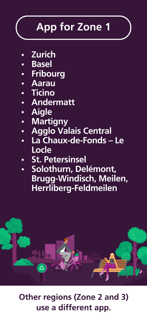 A list of Swiss cities served by the PubliBike Velospot Zone 1 app featuring a park illustration