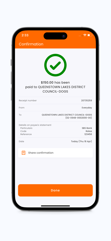 SBS Mobile - Successful payment confirmation screen in the SBS Mobile app showing a transfer of 150 dollars.