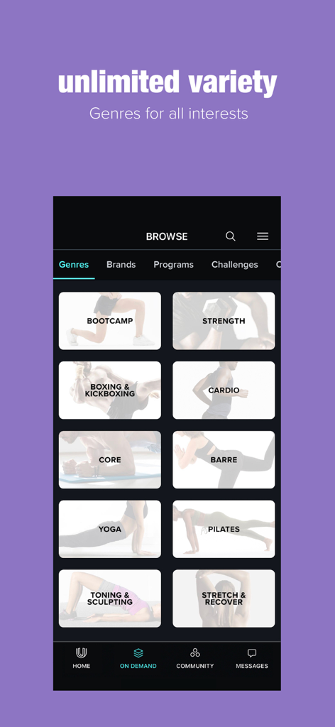NEOU-App-Browsing-Bildschirm, der ein Raster von Trainingsgenres anzeigt, darunter Bootcamp, Krafttraining, Yoga und Pilates.