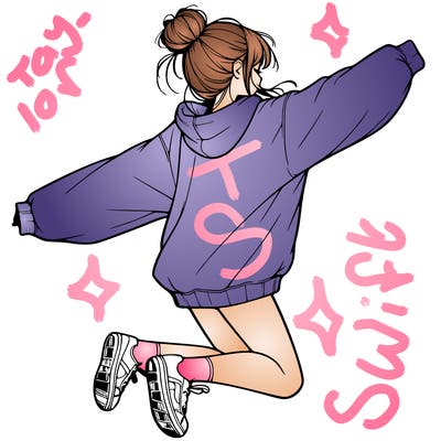 realistic girl jumping with a bun and oversized sweatshirt