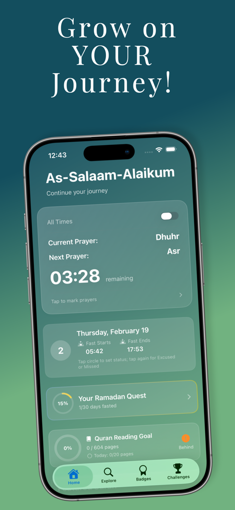 Niyyah Journey - Niyyah Journey app home screen displaying prayer times and spiritual habit tracking