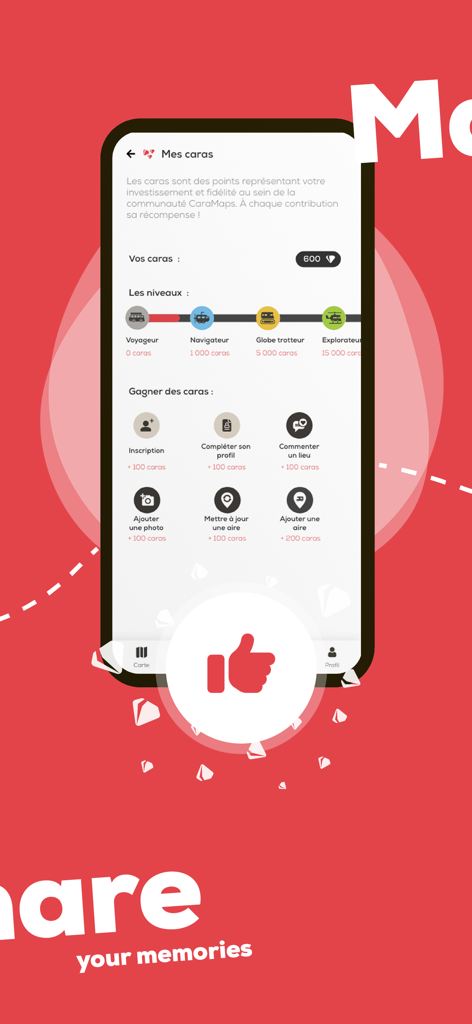 CaraMaps app screen displaying community loyalty points and traveler progression levels