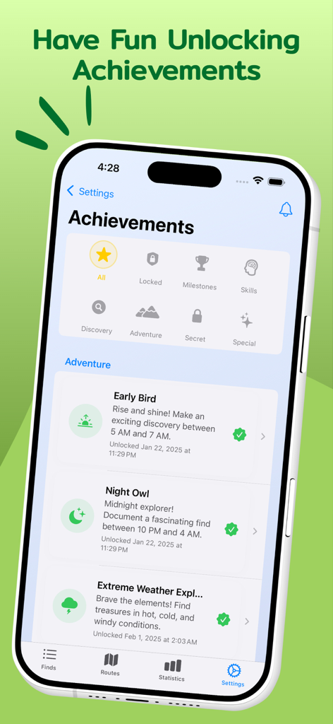 Treasure Tracker - The achievements screen of the Treasure Tracker app showing various unlocked badges like Early Bird and Night Owl for metal detecting milestones.