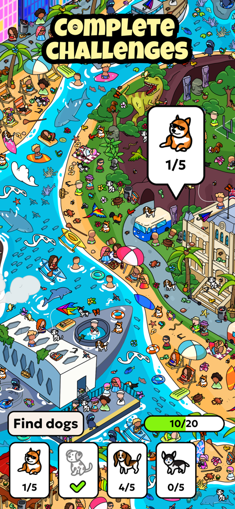 Un affollato livello da spiaggia in Hidden Objects The Journey dove i giocatori cercano diverse razze di cani nascosti.