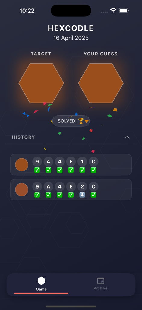 Hexcodle - Interfaz de la aplicación móvil Hexcodle que muestra un rompecabezas de código de color hexadecimal diario resuelto con éxito