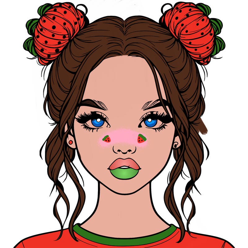 realistic girl with two buns in hair and lips