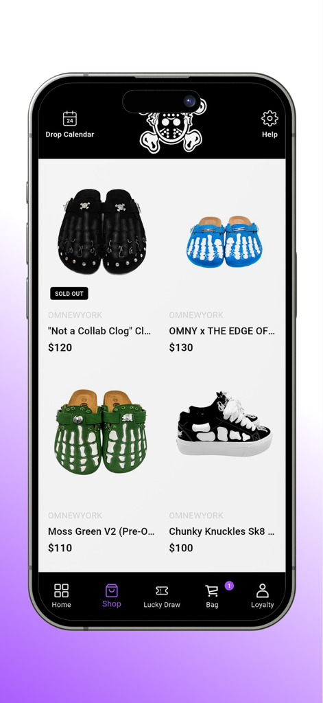 OM NEWYORK - The shop page of the OM NEWYORK app displaying exclusive skeleton bone clogs and sneakers