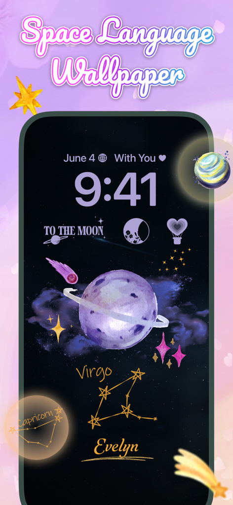 Uma tela de bloqueio de iPhone personalizada com um tema espacial com planetas, estrelas, constelações e o nome Evelyn.
