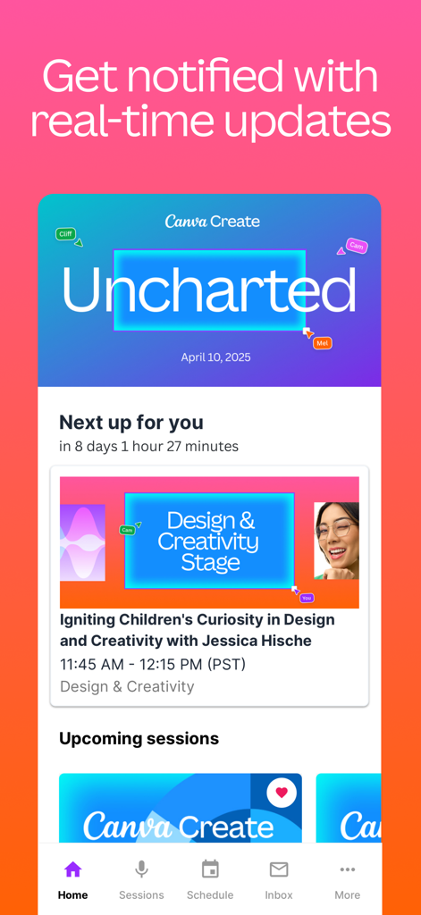 Canva Create 2025 - La pantalla de inicio de la aplicación Canva Create 2025 que muestra actualizaciones en tiempo real y una cuenta regresiva para la próxima sesión programada.