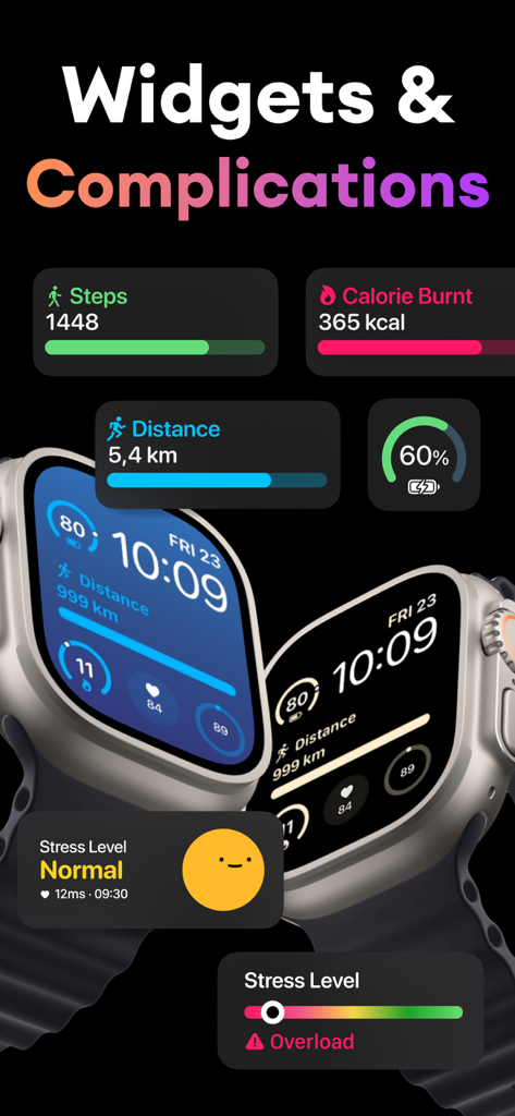 Watch Faces Gallery: Coolz - A display of Apple Watch faces with custom health widgets for steps calories distance and stress levels