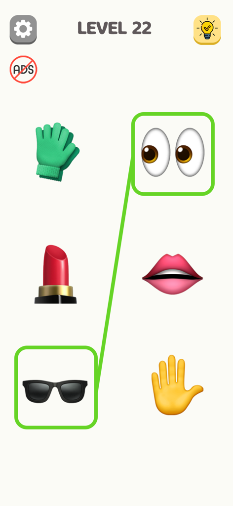 Emoji Puzzle - Fun Emoji Game - A screenshot of Emoji Puzzle level 22 showing a logical match between a sunglasses emoji and an eyes emoji.