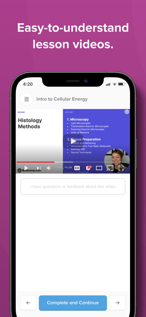 Bootcamp.com - Mobile app screen showing a lesson video about histology methods for medical and dental students.