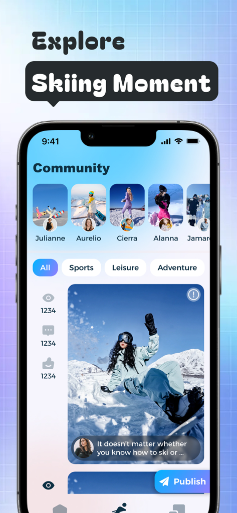 A smartphone showing the Viko app community feed with various skiing photos and user posts