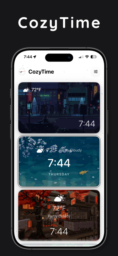 CozyTime: Lock Screen Clocks - Selection of animated clock backgrounds in CozyTime app featuring cyberpunk and nature themes