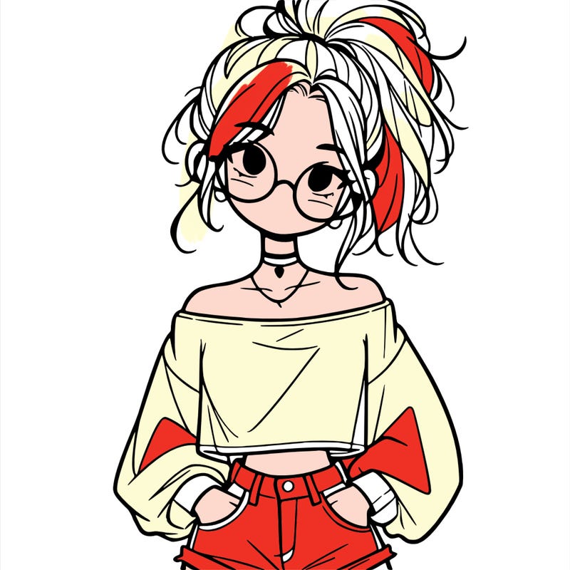 girl with a messy ponytail glasses a baggy crop top and jean shorts