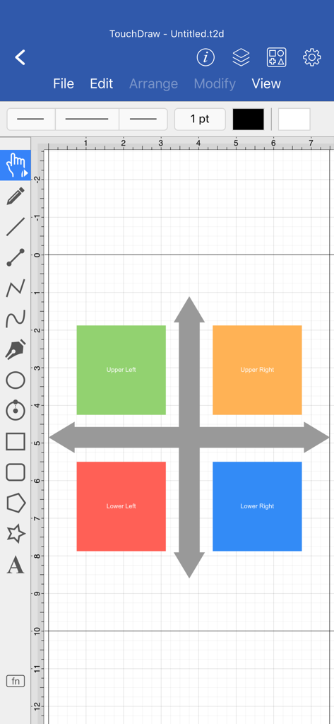 TouchDraw 2 - Interface of TouchDraw 2 showing a vector diagram with four colored squares on a grid layout
