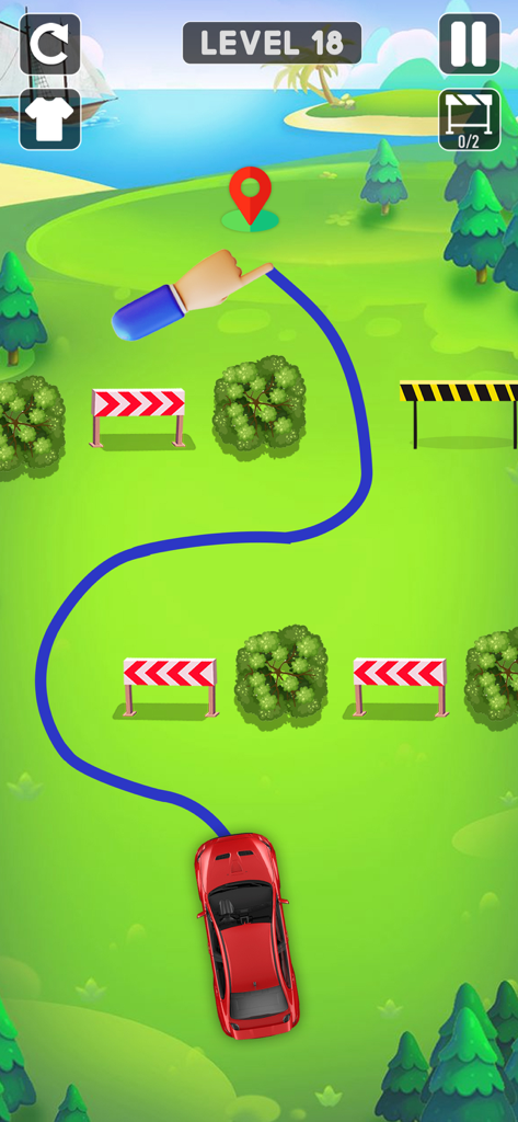 Drive Escape : Car Parking Jam - A red car following a hand drawn blue path around obstacles in the Draw Parking mode of Drive Escape