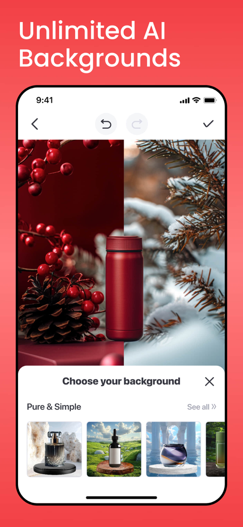 A mobile app screen showing a red bottle on different AI generated backgrounds for professional product photography