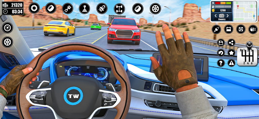 City Driving School Car Games - First person cockpit view of a luxury car driving on a multi lane desert highway in a driving school simulation game.