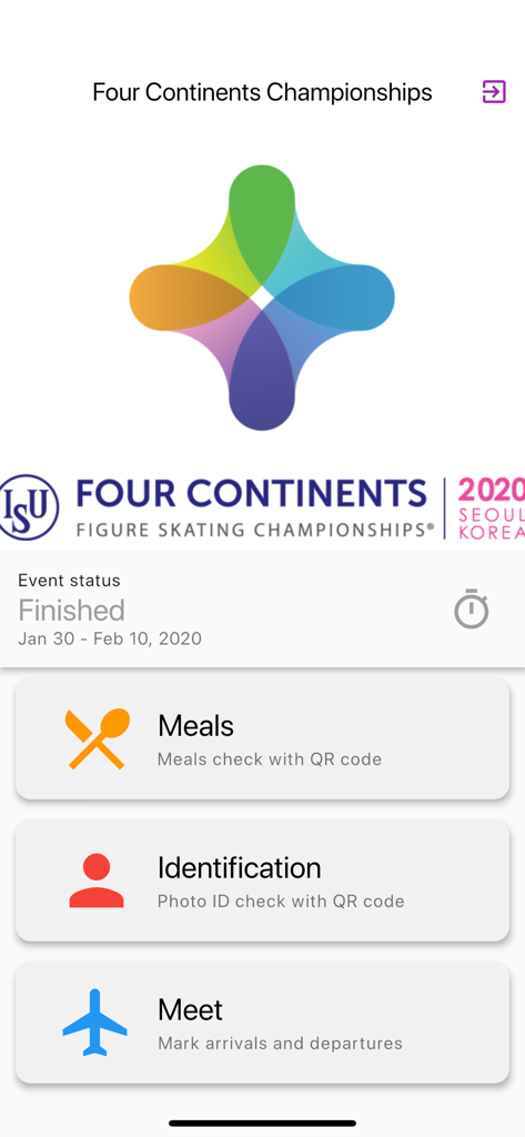 Main menu of the Sportity Accreditation app showing options for meal check, photo identification, and arrival or departure tracking for a sports event.
