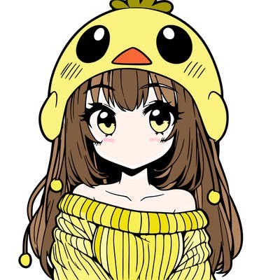 anime girl with chick shaped hat with sweater with bare shoulders with bangs covering them one eye with low tail