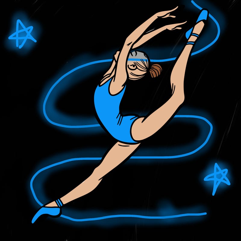 gymnast doing a leap in a leotard with a bent back leg