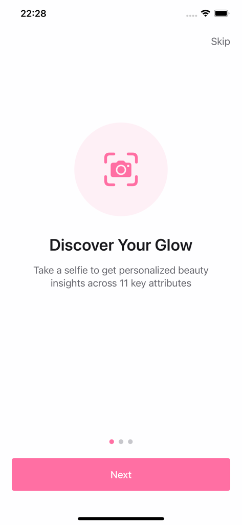 Pretti - Become Attractive - Onboarding-Bildschirm der Pretti-App mit einem Kamera-Symbol und der Nachricht, entdecke deinen Glow, indem du ein Selfie für Schönheits-Einblicke machst.
