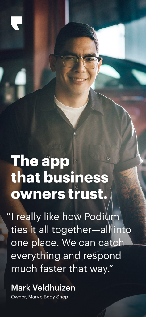 Podium - Small Business Tools - Portrait of a smiling small business owner with a testimonial about how the Podium app helps respond to customers faster