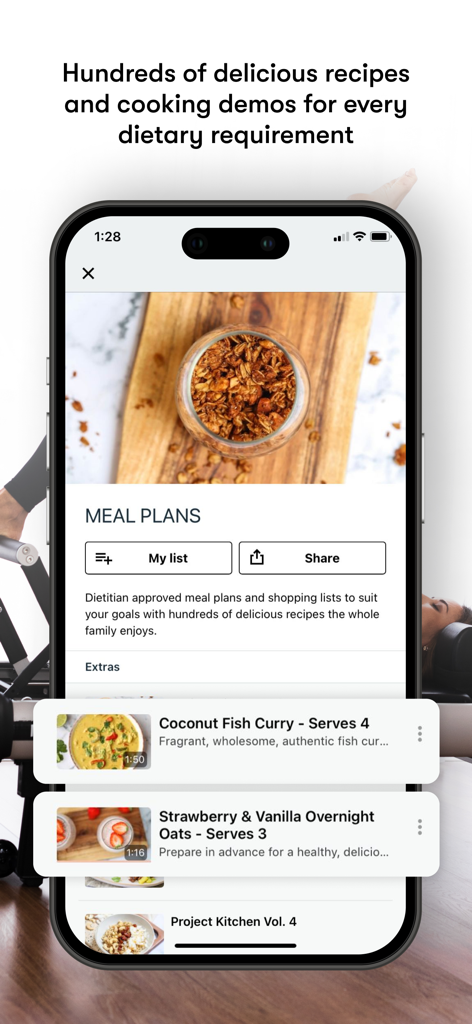 Pilates Project - La aplicación Pilates Project mostrando planes de comidas saludables y recetas aprobadas por dietistas en un smartphone
