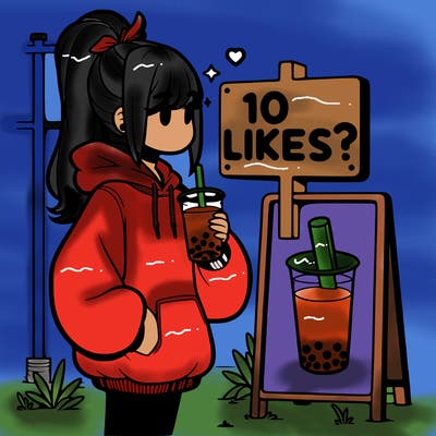girl with oversized hoodie drinking boba and she has a high ponytail with a sign that says 10likes?