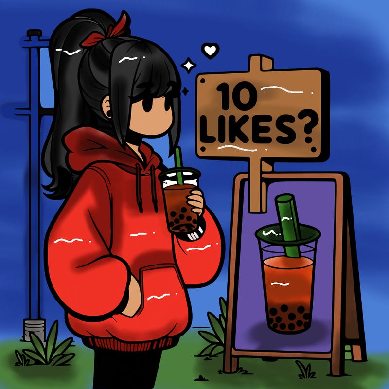 girl with oversized hoodie drinking boba and she has a high ponytail with a sign that says 10likes?