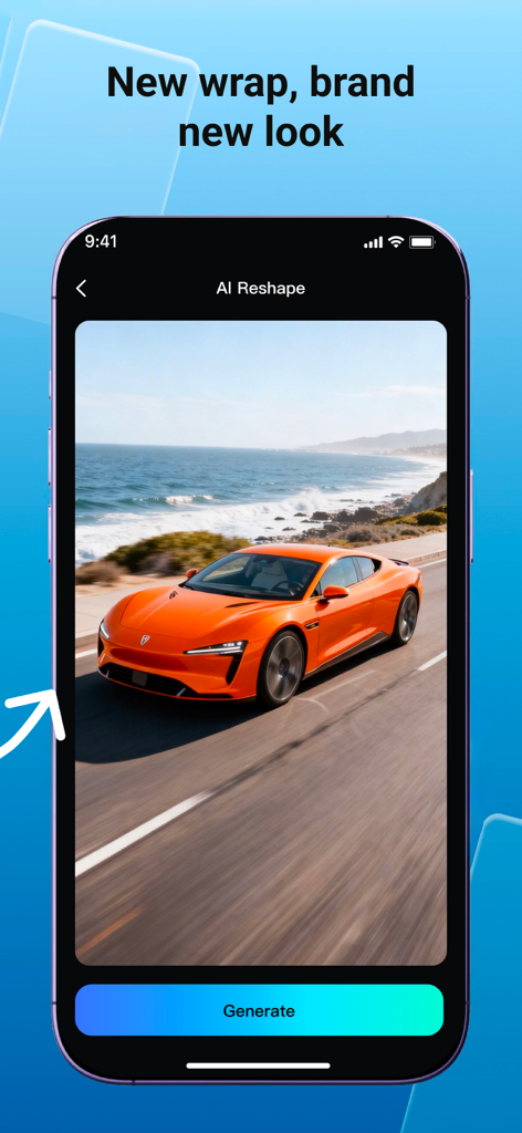 VidMax-AI Reshape,Photo,Video - VidMax app interface showing AI Reshape feature applied to an orange sports car by the coast