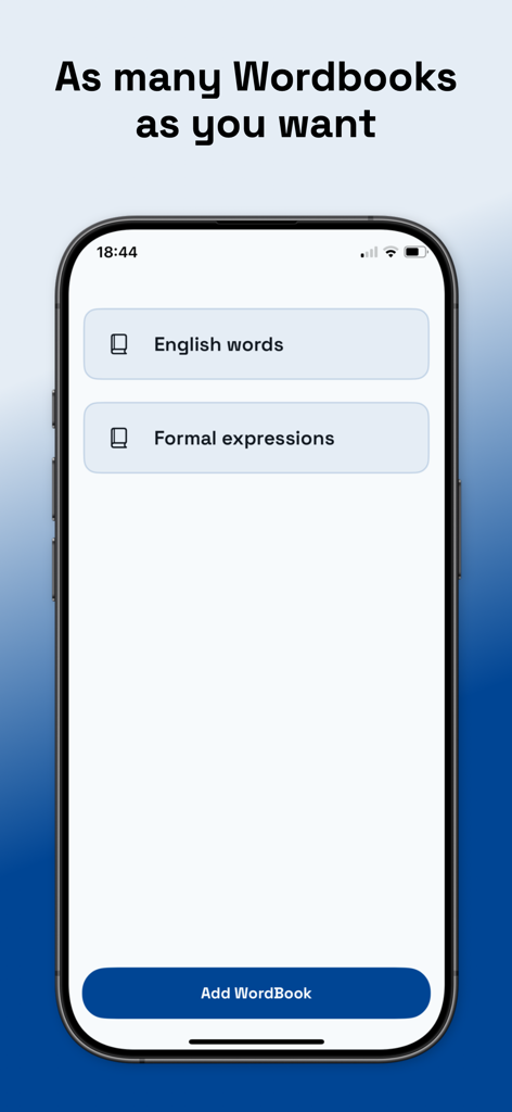 Screenshot of My Pocket app showing the user's list of personal wordbooks like English words and formal expressions
