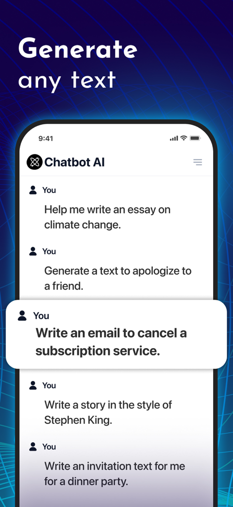 Tela do smartphone mostrando a interface do aplicativo Chatbot AI com vários prompts de geração de texto para ensaios, e-mails e histórias.