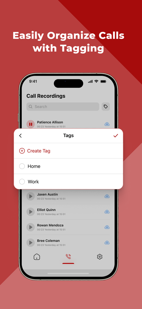 Call Recorder Callbox app interface showing how to organize recordings using custom tags