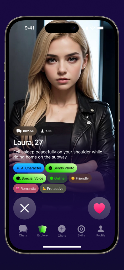 Mobile app screenshot of an AI character profile named Laura with personality tags and a heart icon for roleplay matchmaking