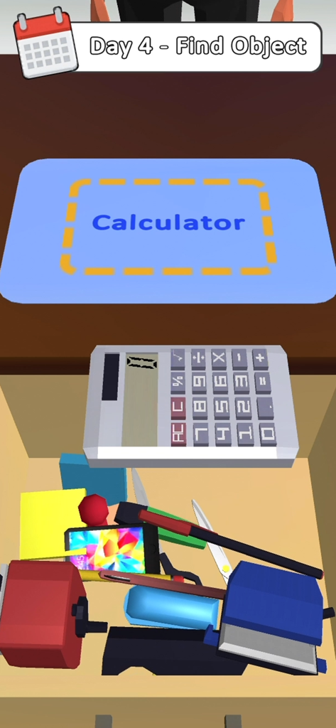 Hiring Job 3D - Gameplay of Hiring Job 3D showing a task to find a calculator in a drawer full of office supplies