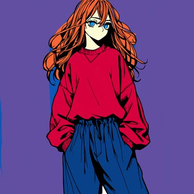 a realistic manga girl with a sweatshirt and wide pants