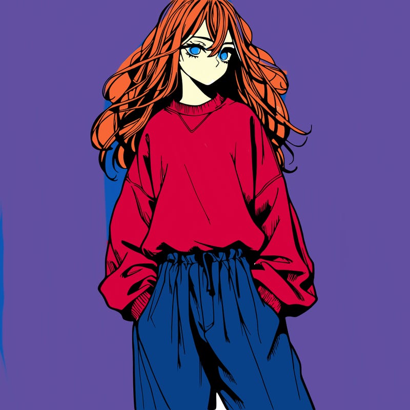 a realistic manga girl with a sweatshirt and wide pants