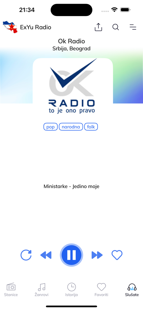 Oberfläche der ExYu Radio App, die Wiedergabesteuerung und Senderinformationen für Ok Radio Belgrad anzeigt