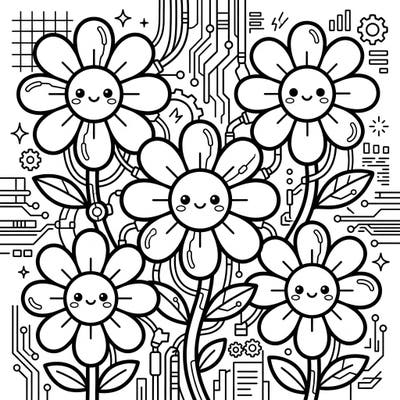Dive into a truly unique coloring adventure with these adorable Kawaii Cyberpunk Daisies. This intricate design merges cheerful blooms with a high-tech, futuristic aesthetic for an unforgettable creative experience.