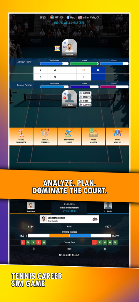 In-game view of tactical decision cards and match analysis screens for Tennis Career Sim Game