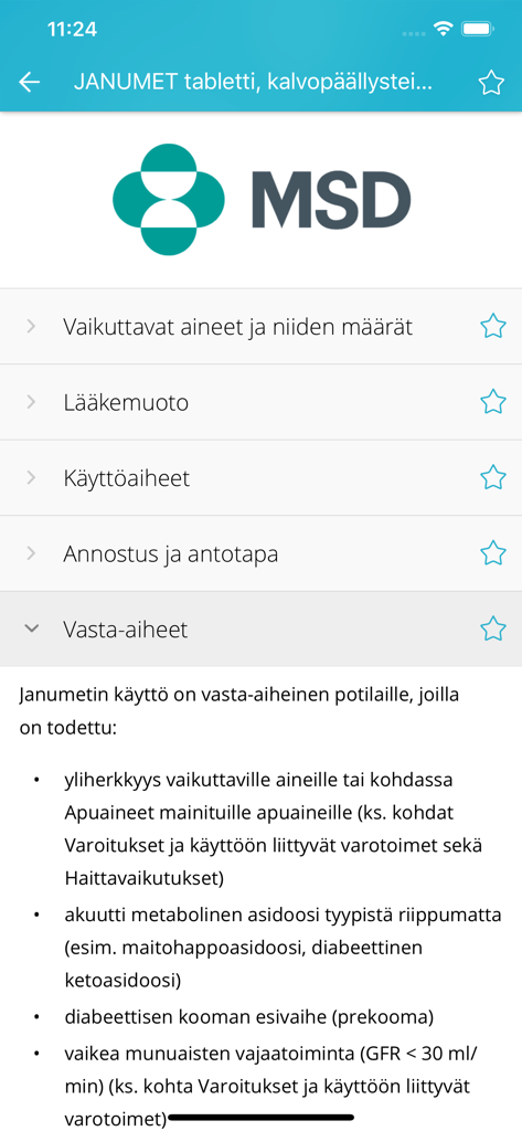 Detailed drug information for Janumet tablets showing contraindications in the Pharmaca Fennica app.