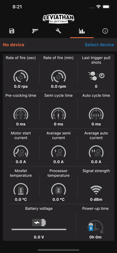 Performance statistics dashboard in the Leviathan and Scylla app displaying rate of fire cycle timing and battery metrics