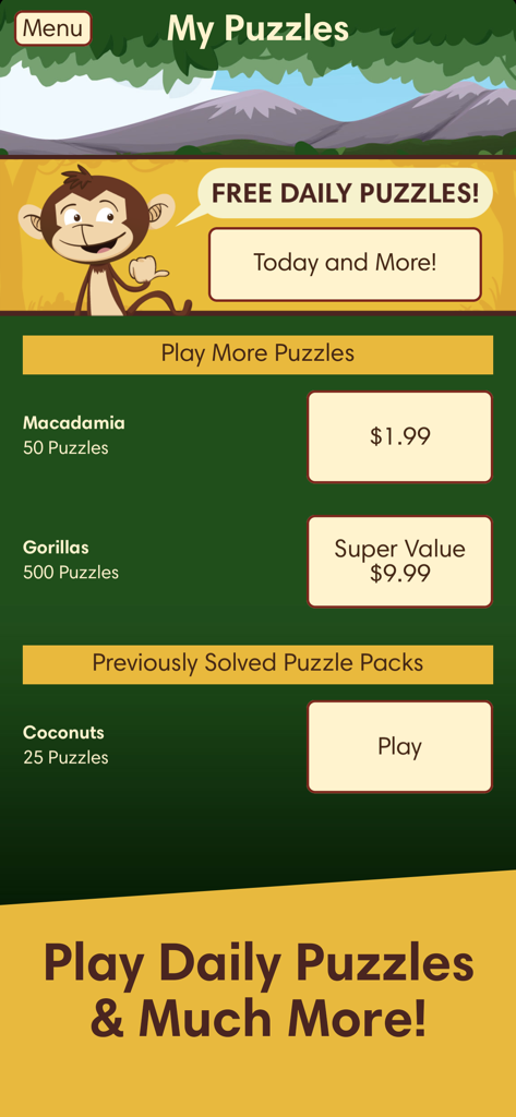 A tela do menu Meus Puzzles no Monkey Wrench, apresentando puzzles diários gratuitos e vários pacotes de puzzles para compra.