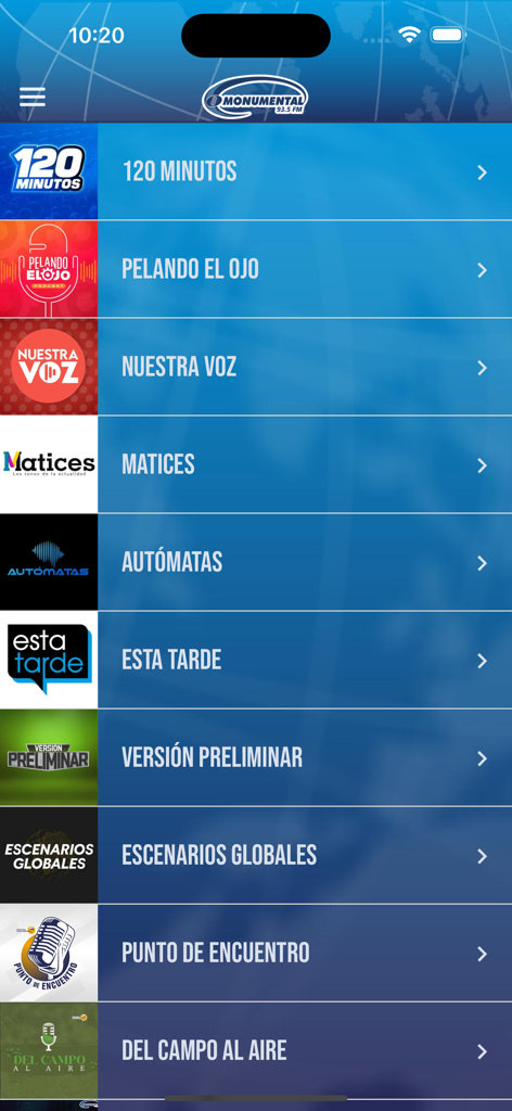 List of available radio programs and podcasts on the Radio Monumental 93.5 FM mobile app interface.