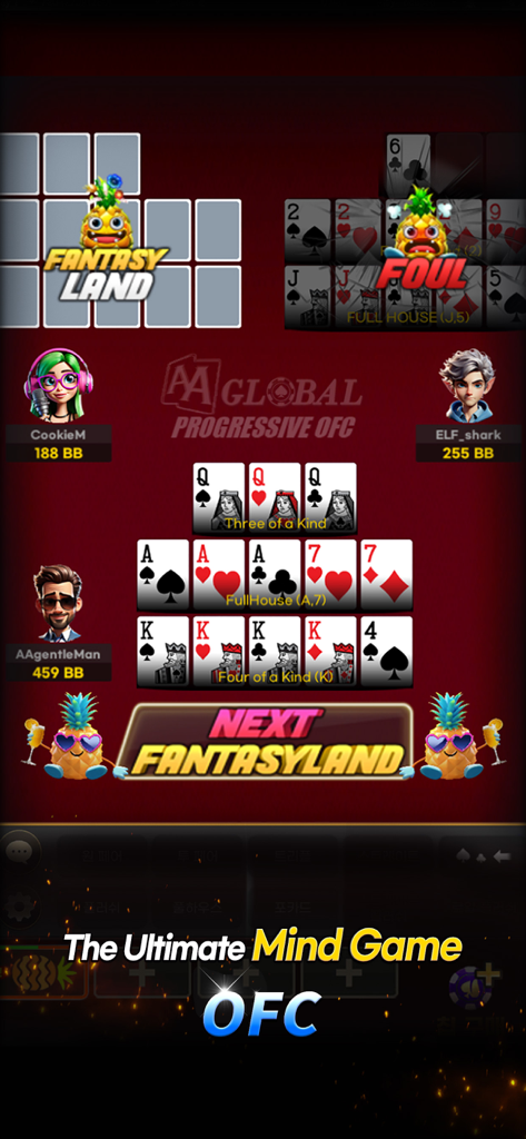 AA Global:Texas Holdem,Omaha - AA Global app screen showing Open Face Chinese Poker gameplay with winning hands and Fantasy Land mode