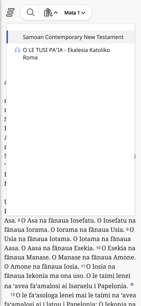 O LE Tusi Pa'ia - Samoan Bible - Samoan Bible app interface showing scripture text and version selection menu