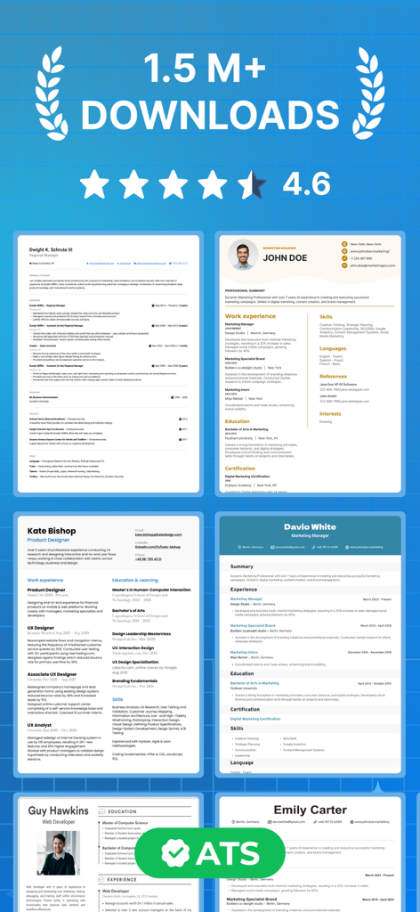 Resume Builder & CV Maker AI - Präsentation von professionellen Lebenslaufvorlagen und hohen Nutzerbewertungen für die Resume Builder und CV Maker AI App